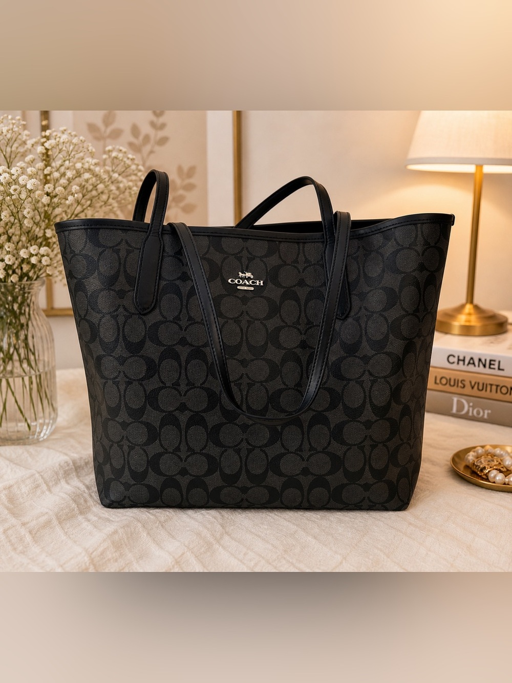Coach Signature City Tote Black Monogram Canvas Red Interior Shoulder Bag